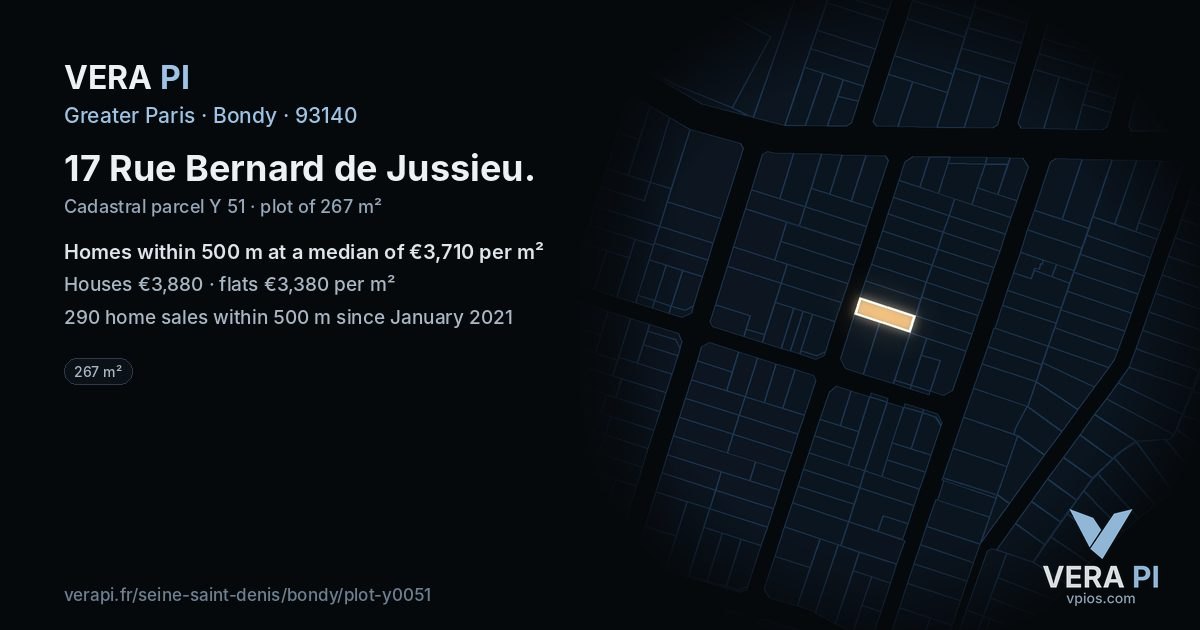 17 Rue Bernard de Jussieu, Bondy at night – the plot lit, the parcels around coloured by the prices near them