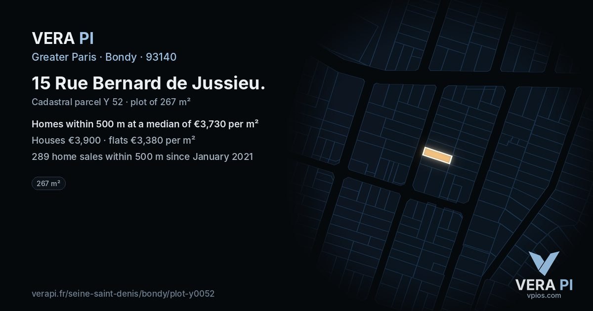 15 Rue Bernard de Jussieu, Bondy at night – the plot lit, the parcels around coloured by the prices near them