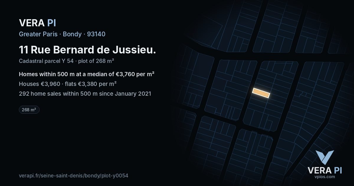 11 Rue Bernard de Jussieu, Bondy at night – the plot lit, the parcels around coloured by the prices near them