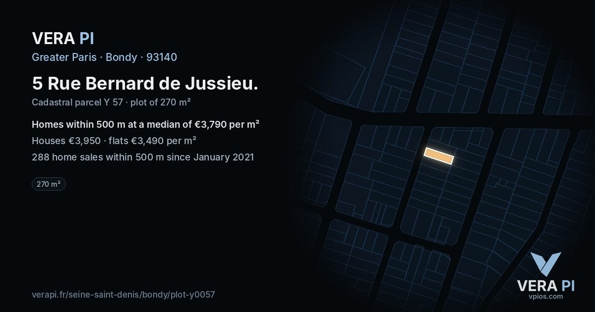 5 Rue Bernard de Jussieu, Bondy at night – the plot lit, the parcels around coloured by the prices near them