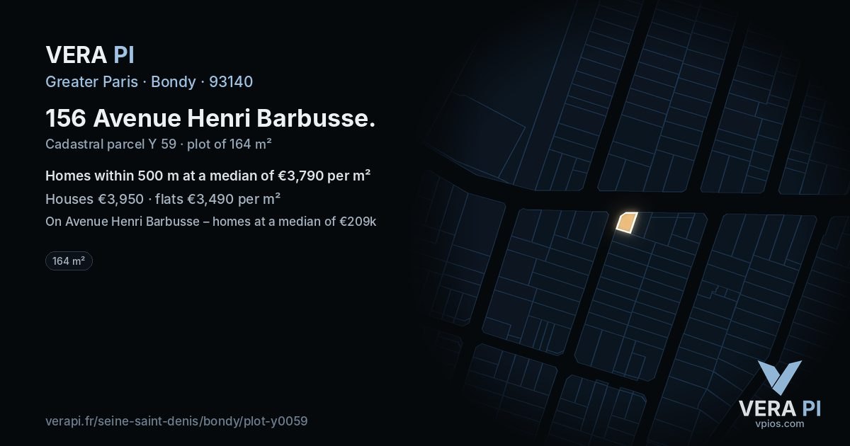 156 Avenue Henri Barbusse, Bondy at night – the plot lit, the parcels around coloured by the prices near them
