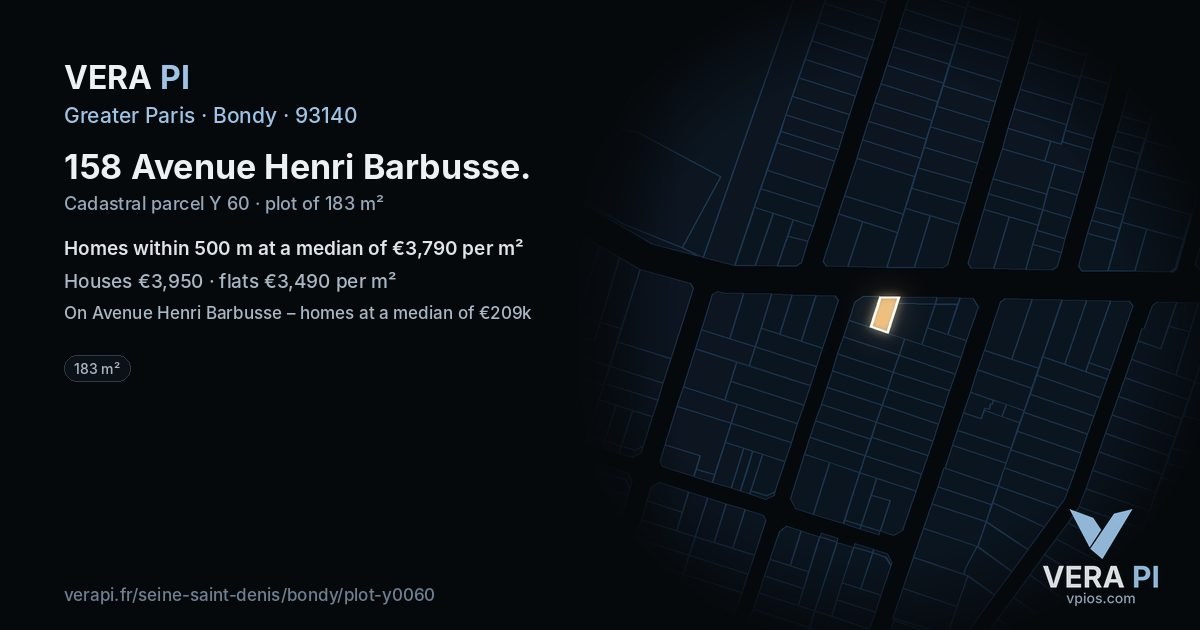 158 Avenue Henri Barbusse, Bondy at night – the plot lit, the parcels around coloured by the prices near them