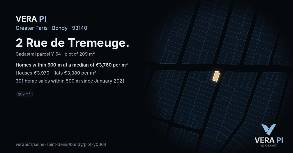 2 Rue de Tremeuge, Bondy at night – the plot lit, the parcels around coloured by the prices near them