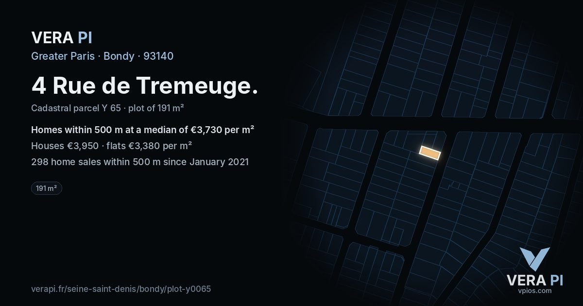4 Rue de Tremeuge, Bondy at night – the plot lit, the parcels around coloured by the prices near them