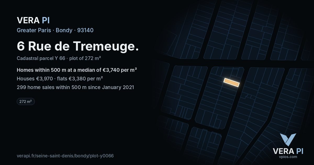 6 Rue de Tremeuge, Bondy at night – the plot lit, the parcels around coloured by the prices near them