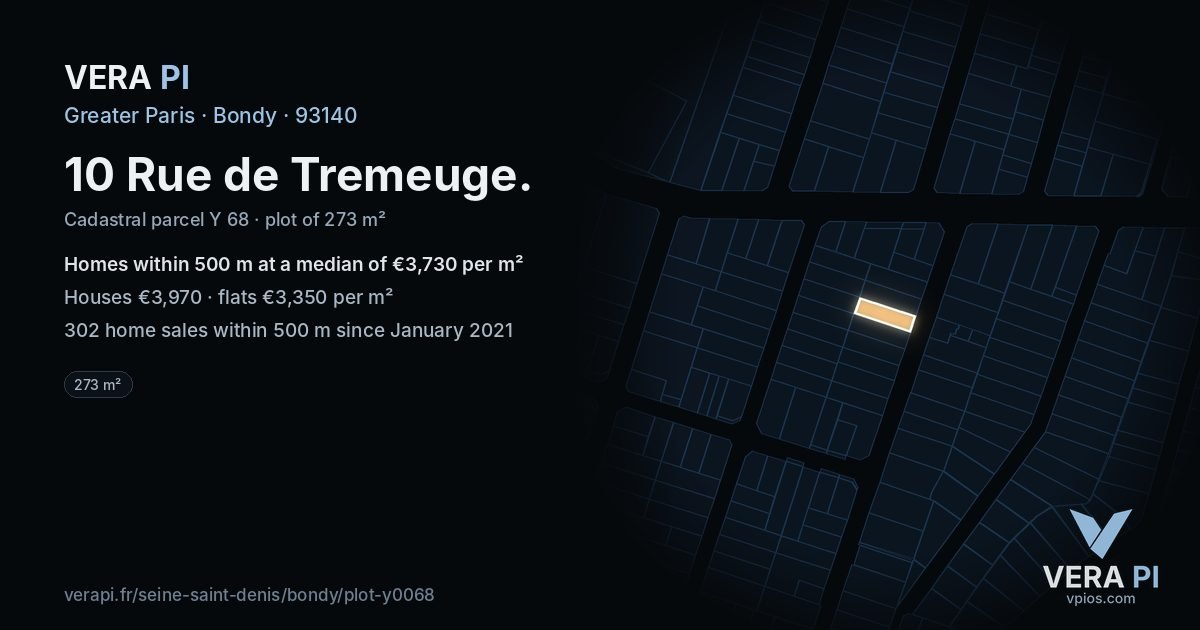 10 Rue de Tremeuge, Bondy at night – the plot lit, the parcels around coloured by the prices near them