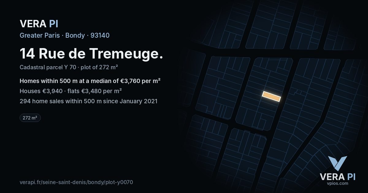 14 Rue de Tremeuge, Bondy at night – the plot lit, the parcels around coloured by the prices near them