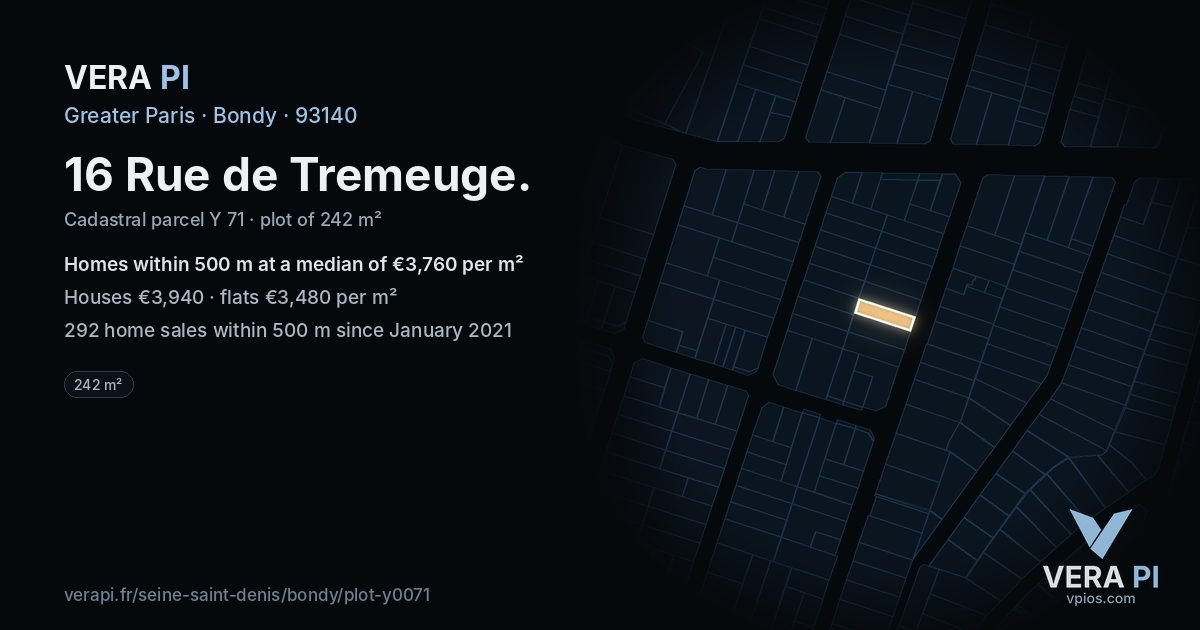 16 Rue de Tremeuge, Bondy at night – the plot lit, the parcels around coloured by the prices near them