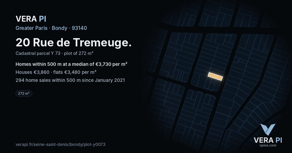 20 Rue de Tremeuge, Bondy at night – the plot lit, the parcels around coloured by the prices near them