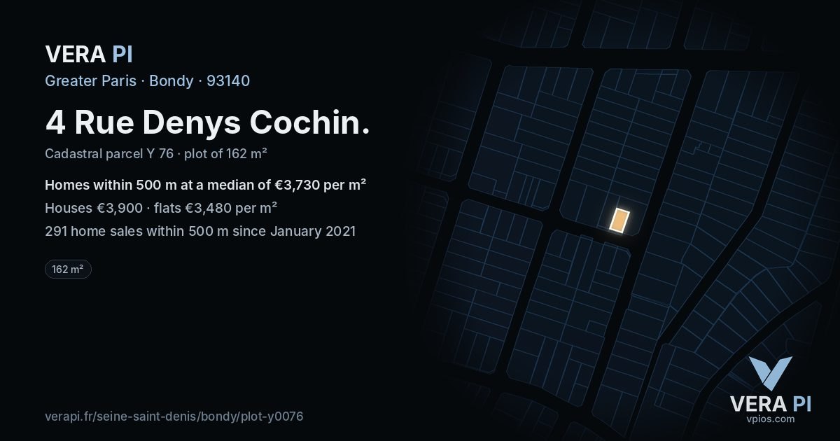 4 Rue Denys Cochin, Bondy at night – the plot lit, the parcels around coloured by the prices near them