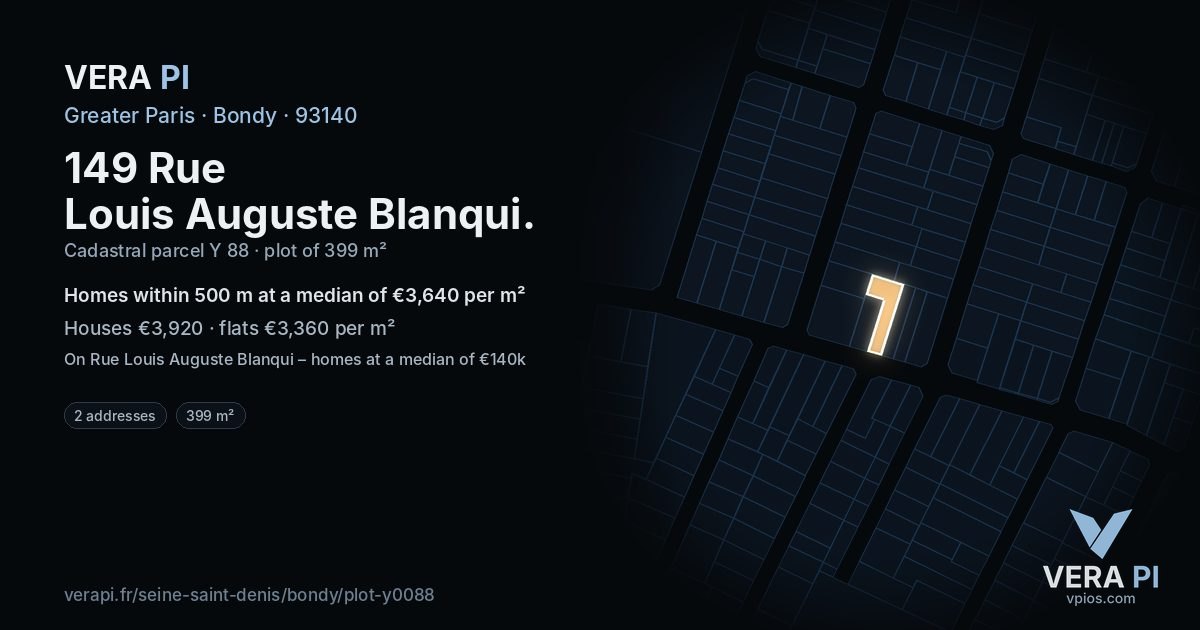 149 Rue Louis Auguste Blanqui, Bondy at night – the plot lit, the parcels around coloured by the prices near them