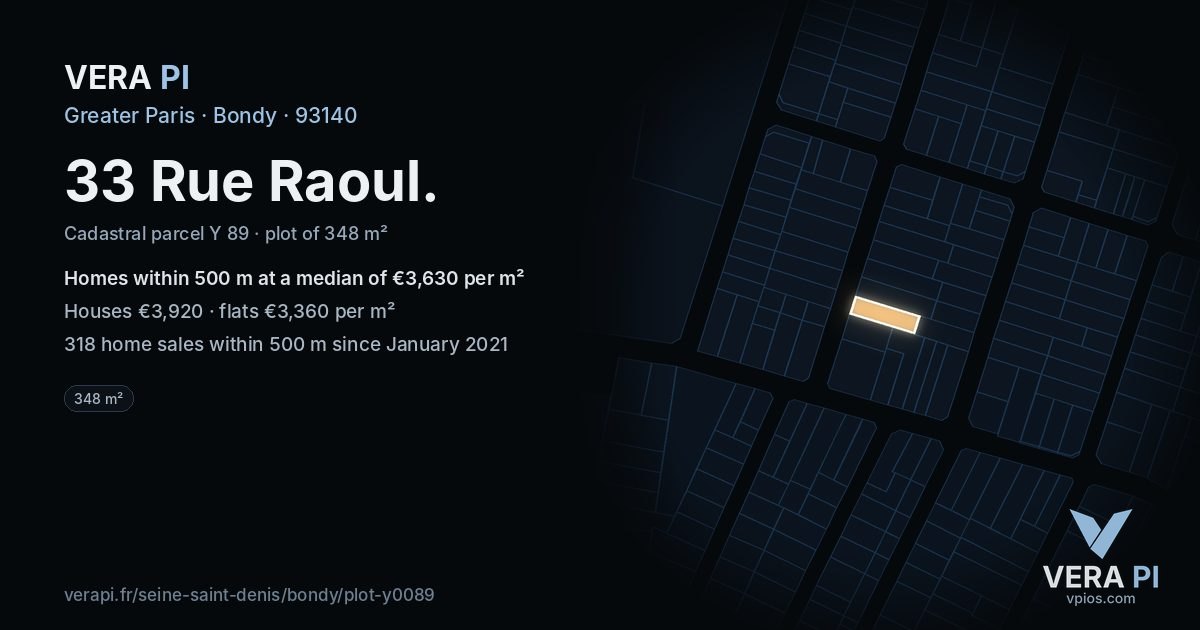 33 Rue Raoul, Bondy at night – the plot lit, the parcels around coloured by the prices near them