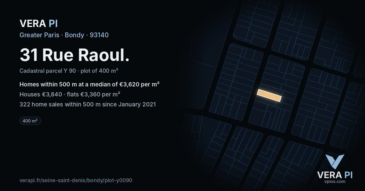 31 Rue Raoul, Bondy at night – the plot lit, the parcels around coloured by the prices near them