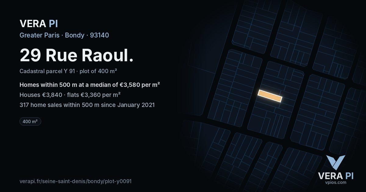 29 Rue Raoul, Bondy at night – the plot lit, the parcels around coloured by the prices near them