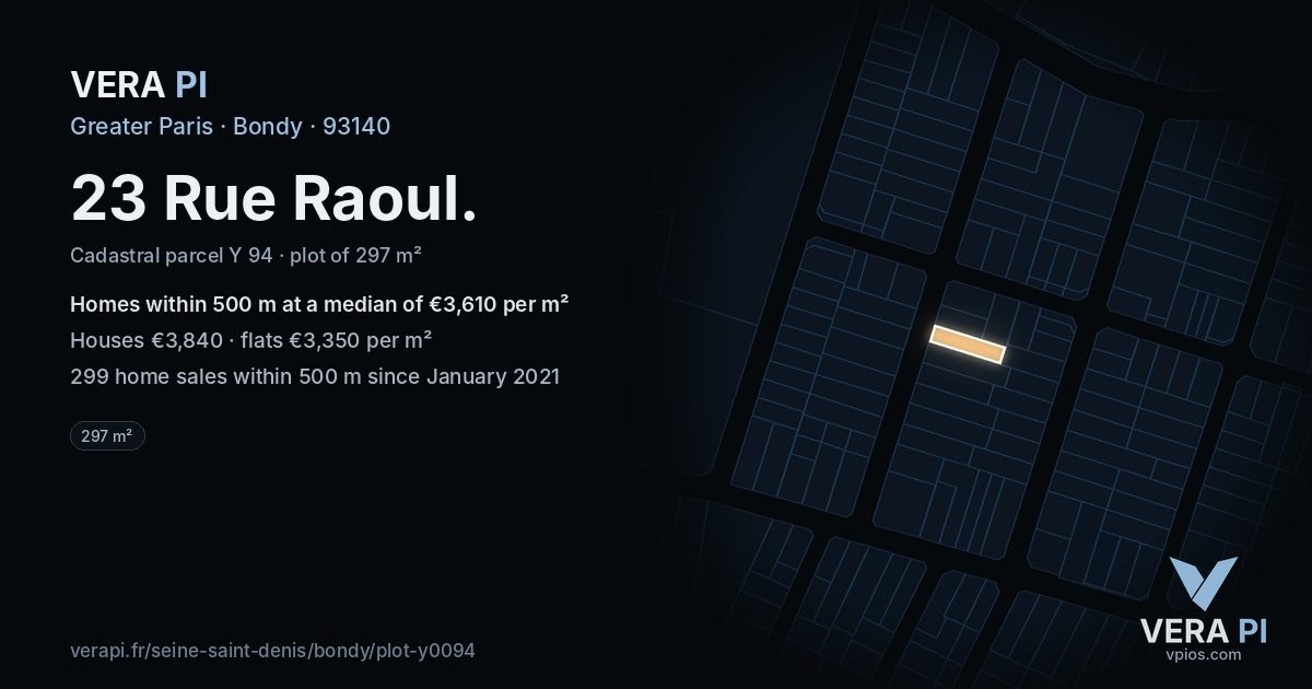 23 Rue Raoul, Bondy at night – the plot lit, the parcels around coloured by the prices near them