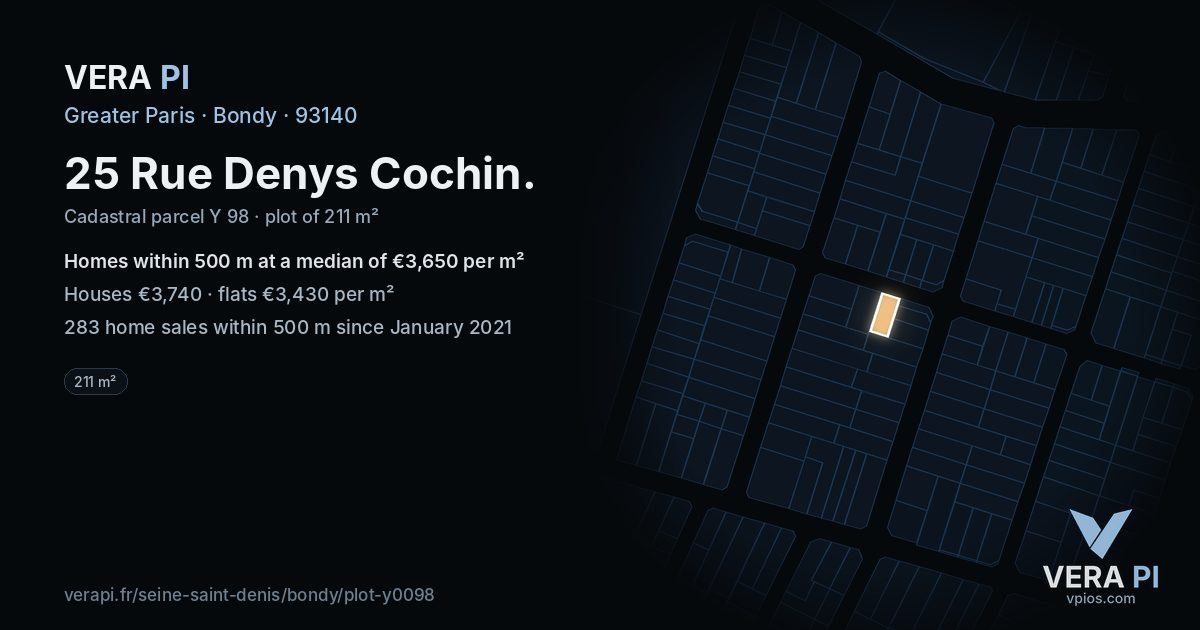 25 Rue Denys Cochin, Bondy at night – the plot lit, the parcels around coloured by the prices near them