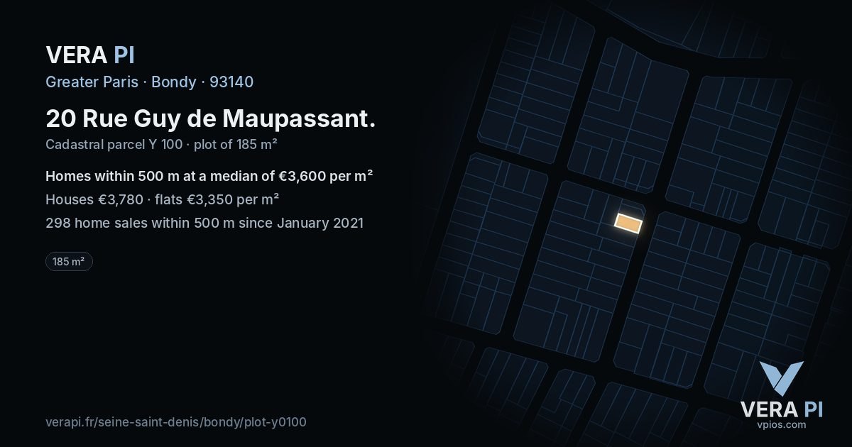 20 Rue Guy de Maupassant, Bondy at night – the plot lit, the parcels around coloured by the prices near them