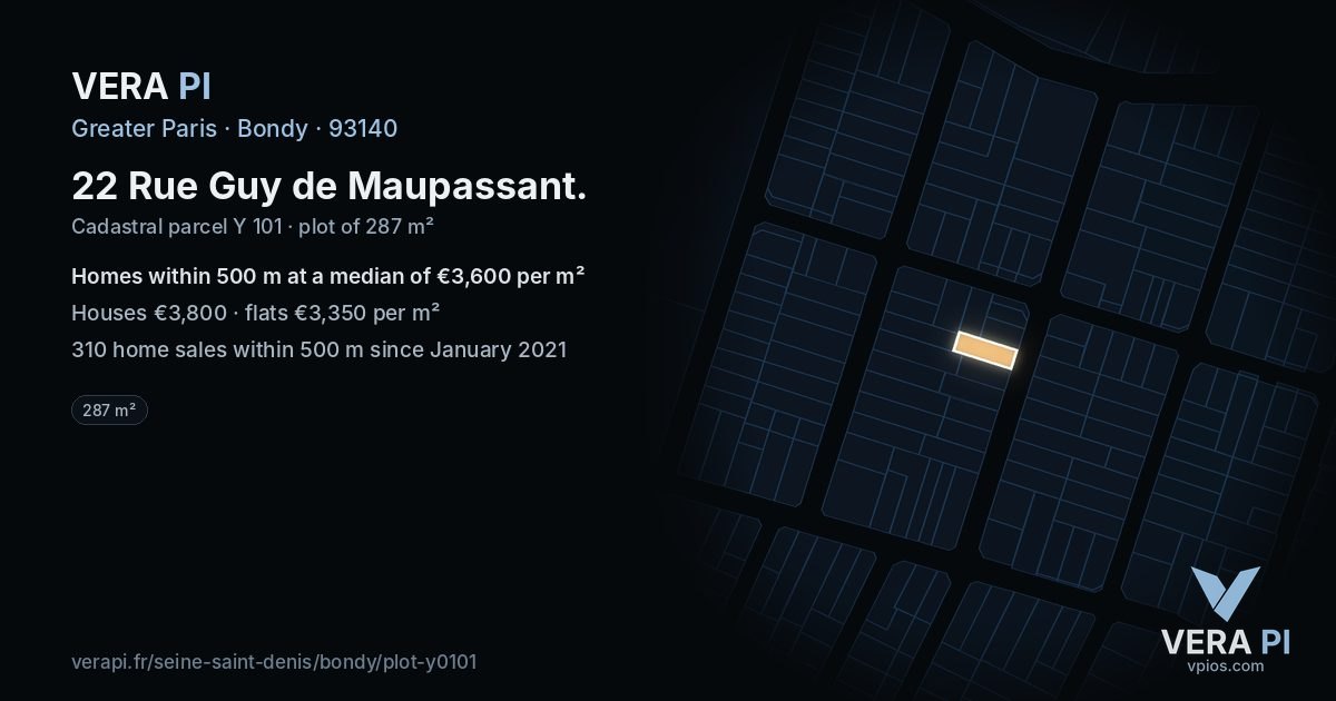 22 Rue Guy de Maupassant, Bondy at night – the plot lit, the parcels around coloured by the prices near them