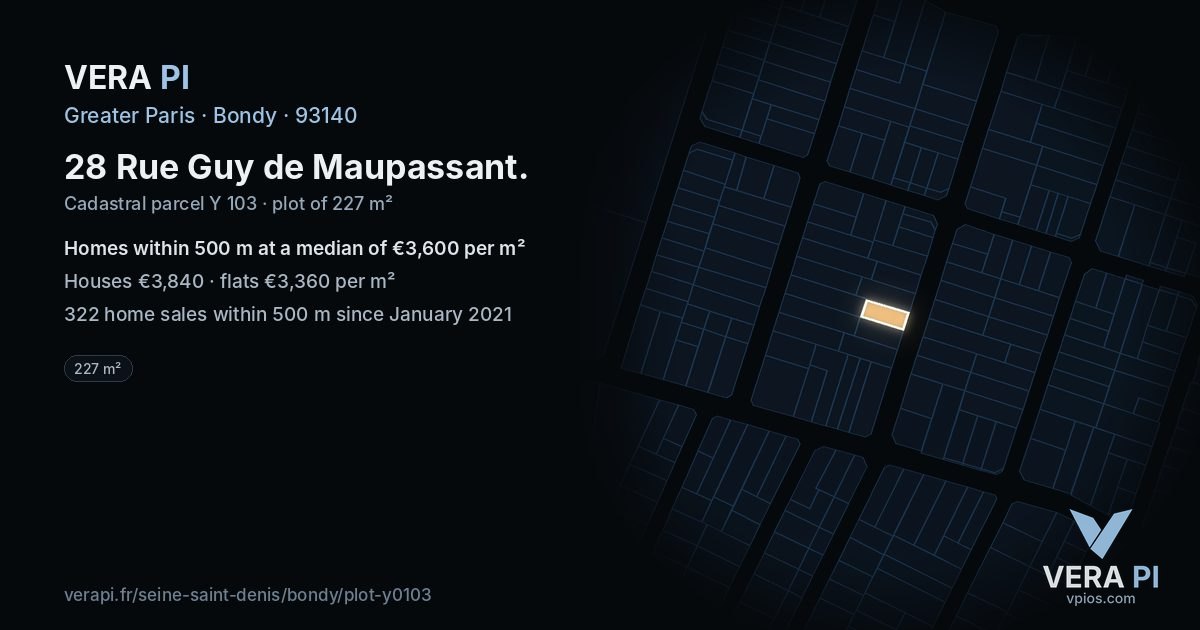 28 Rue Guy de Maupassant, Bondy at night – the plot lit, the parcels around coloured by the prices near them