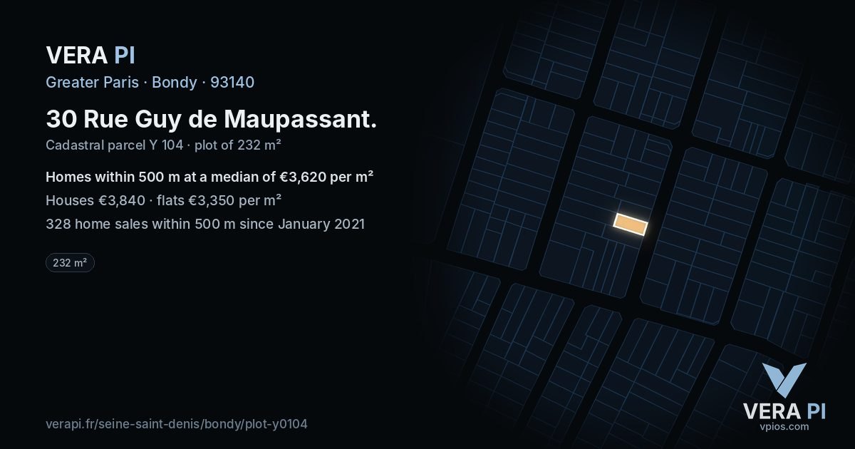 30 Rue Guy de Maupassant, Bondy at night – the plot lit, the parcels around coloured by the prices near them