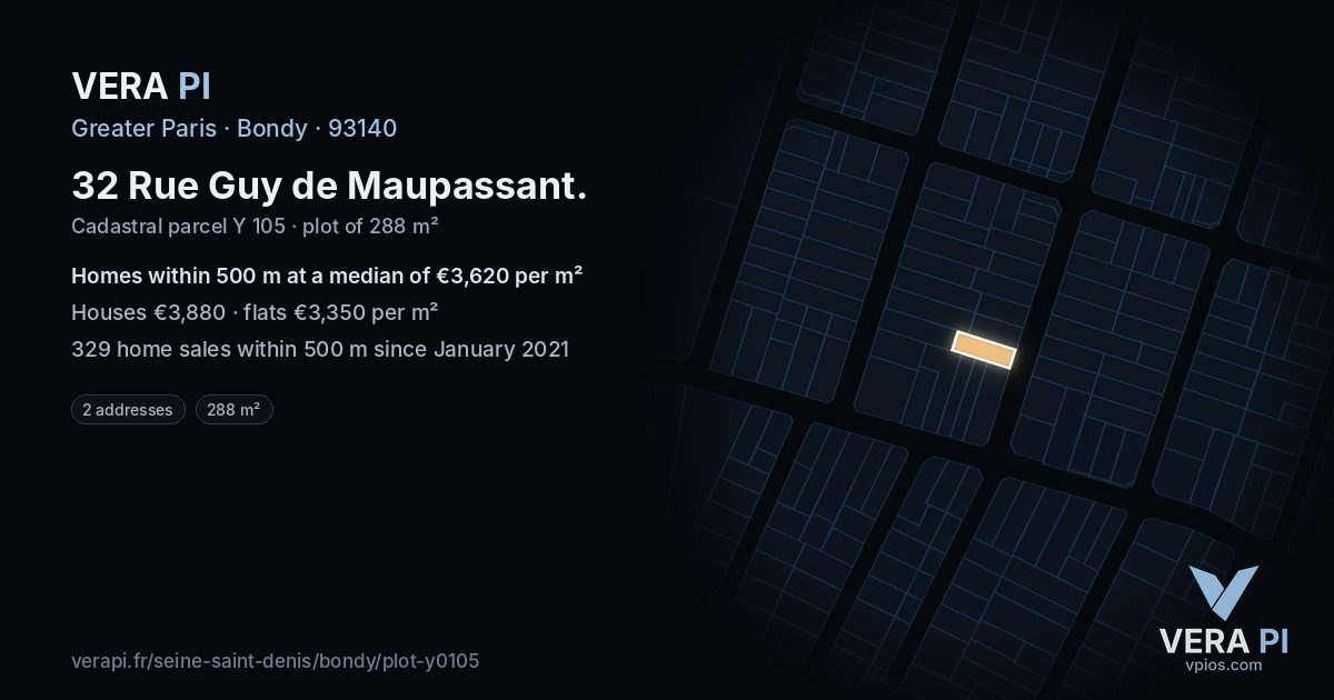 32 Rue Guy de Maupassant, Bondy at night – the plot lit, the parcels around coloured by the prices near them