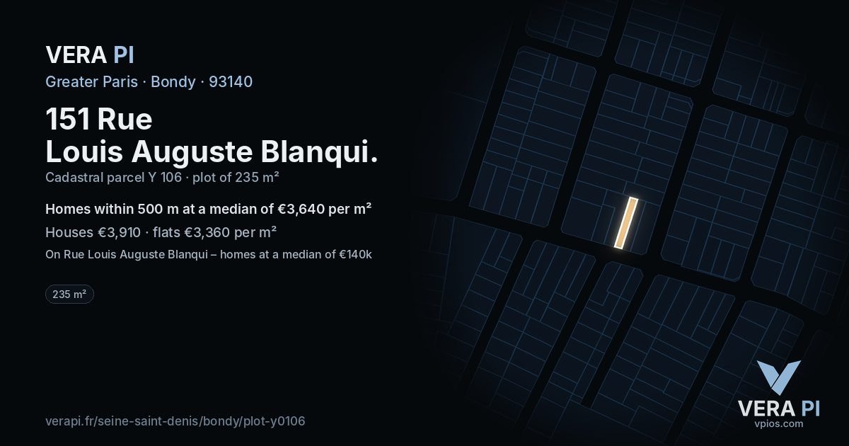 151 Rue Louis Auguste Blanqui, Bondy at night – the plot lit, the parcels around coloured by the prices near them