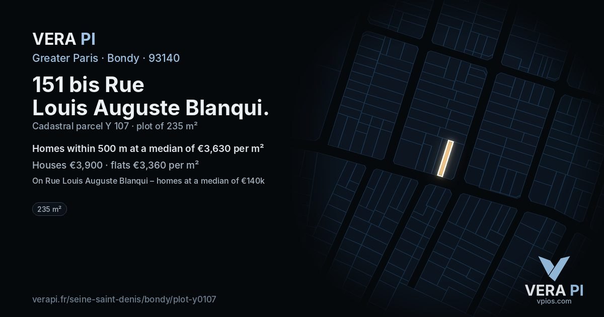 151 bis Rue Louis Auguste Blanqui, Bondy at night – the plot lit, the parcels around coloured by the prices near them