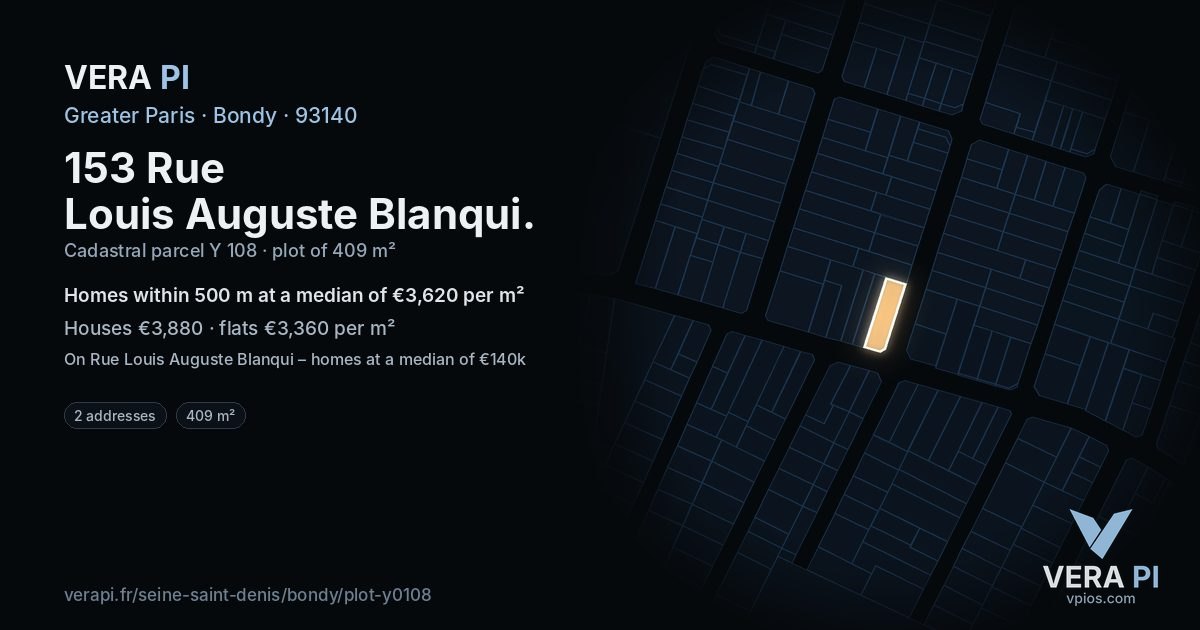 153 Rue Louis Auguste Blanqui, Bondy at night – the plot lit, the parcels around coloured by the prices near them