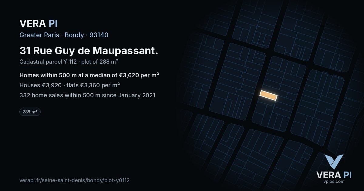 31 Rue Guy de Maupassant, Bondy at night – the plot lit, the parcels around coloured by the prices near them