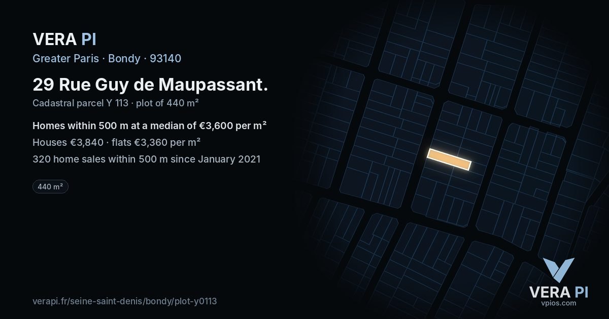 29 Rue Guy de Maupassant, Bondy at night – the plot lit, the parcels around coloured by the prices near them