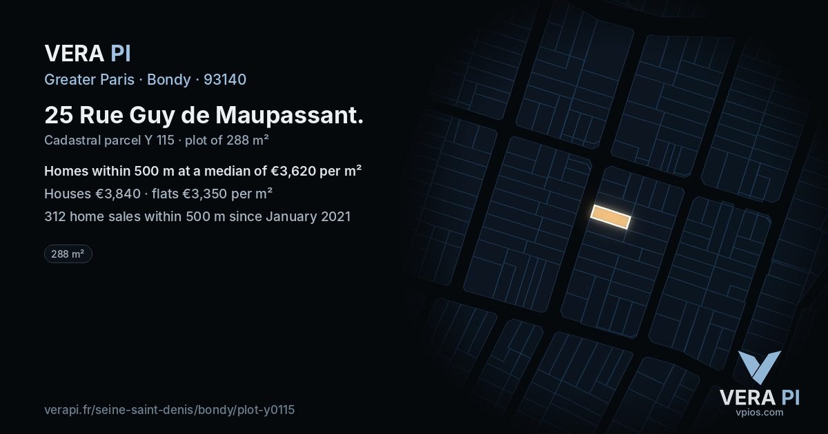 25 Rue Guy de Maupassant, Bondy at night – the plot lit, the parcels around coloured by the prices near them