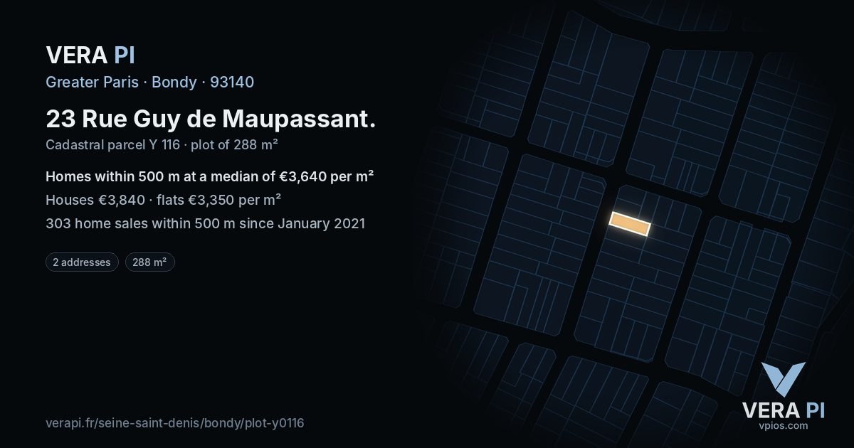 23 Rue Guy de Maupassant, Bondy at night – the plot lit, the parcels around coloured by the prices near them