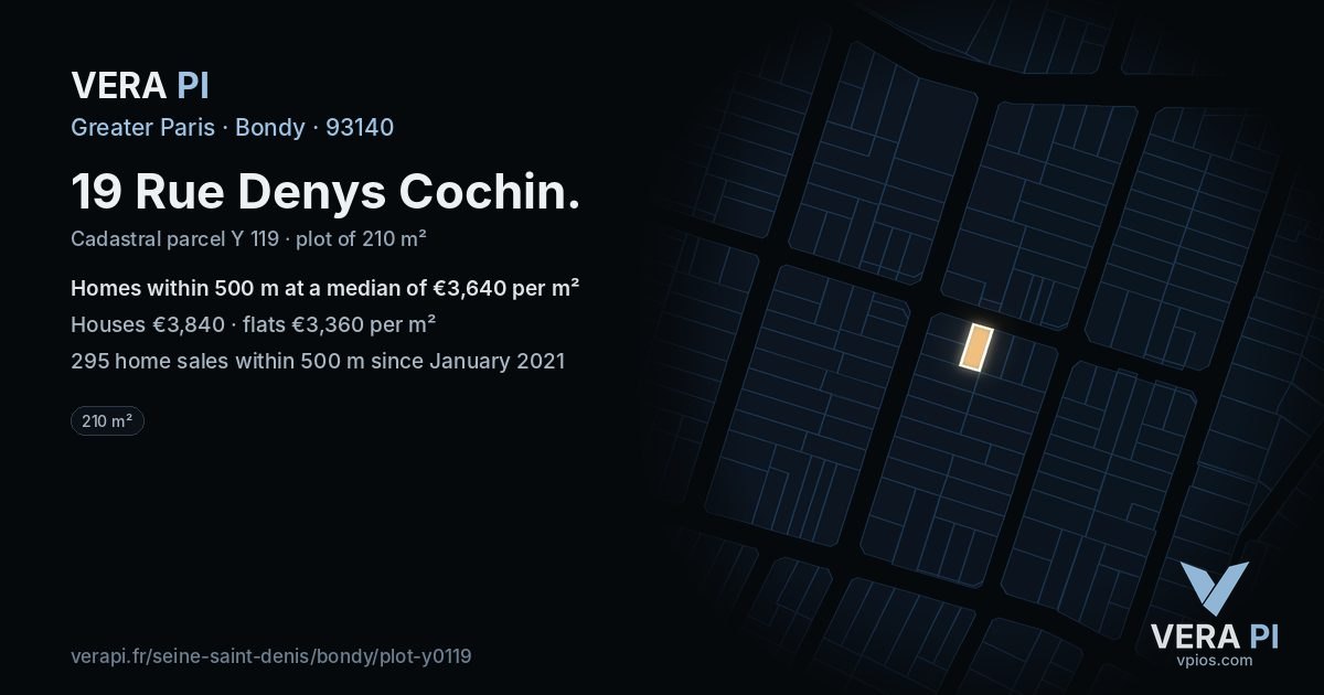 19 Rue Denys Cochin, Bondy at night – the plot lit, the parcels around coloured by the prices near them