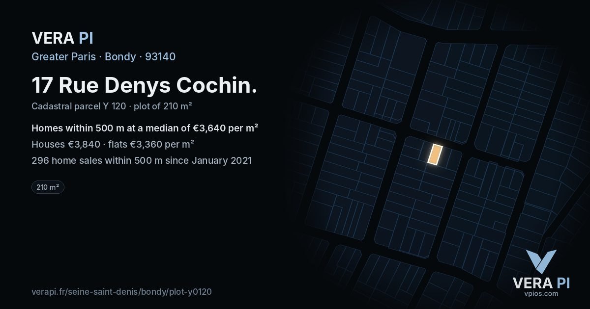 17 Rue Denys Cochin, Bondy at night – the plot lit, the parcels around coloured by the prices near them
