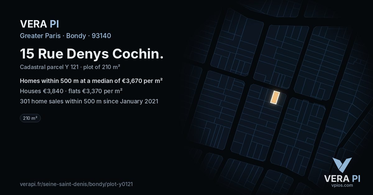 15 Rue Denys Cochin, Bondy at night – the plot lit, the parcels around coloured by the prices near them