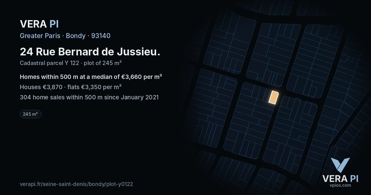 24 Rue Bernard de Jussieu, Bondy at night – the plot lit, the parcels around coloured by the prices near them