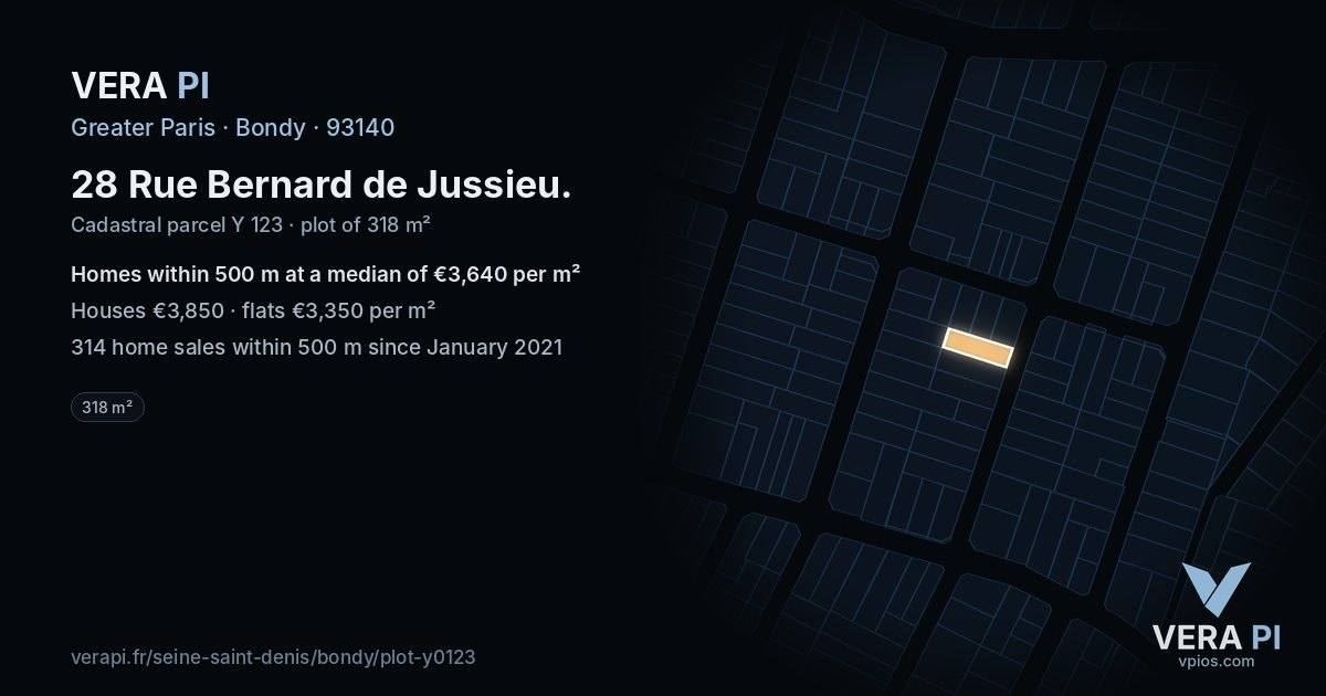28 Rue Bernard de Jussieu, Bondy at night – the plot lit, the parcels around coloured by the prices near them