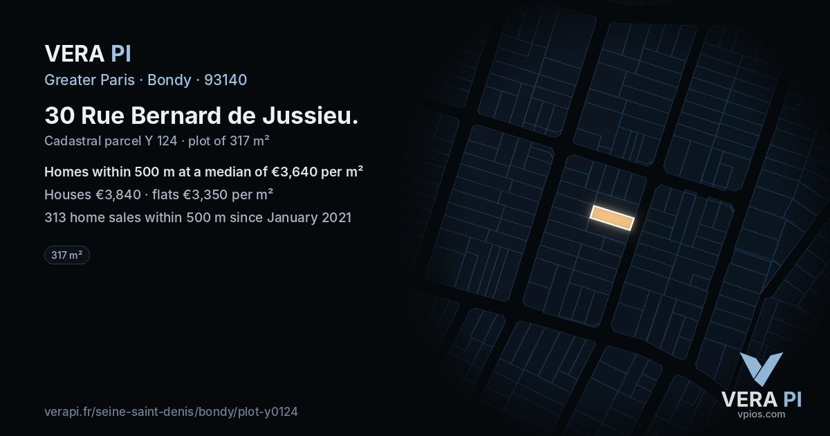 30 Rue Bernard de Jussieu, Bondy at night – the plot lit, the parcels around coloured by the prices near them