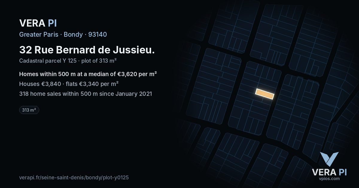 32 Rue Bernard de Jussieu, Bondy at night – the plot lit, the parcels around coloured by the prices near them