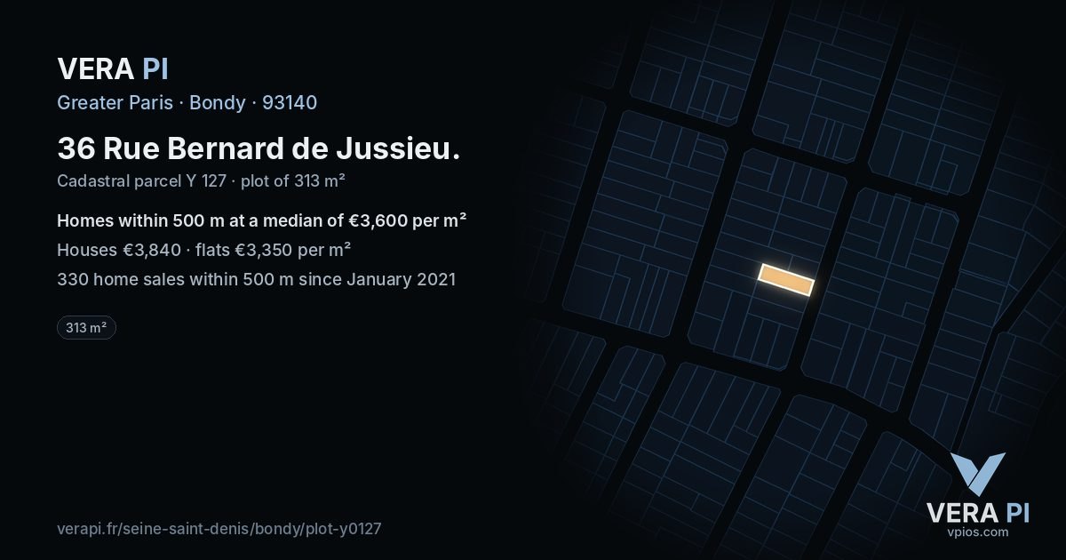 36 Rue Bernard de Jussieu, Bondy at night – the plot lit, the parcels around coloured by the prices near them