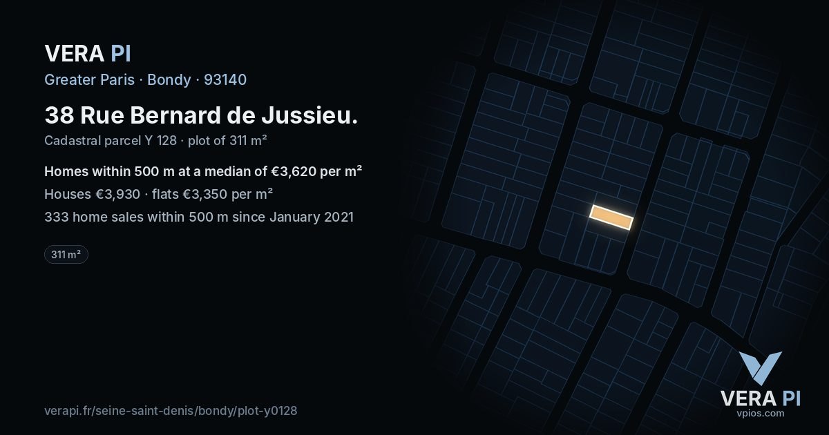 38 Rue Bernard de Jussieu, Bondy at night – the plot lit, the parcels around coloured by the prices near them