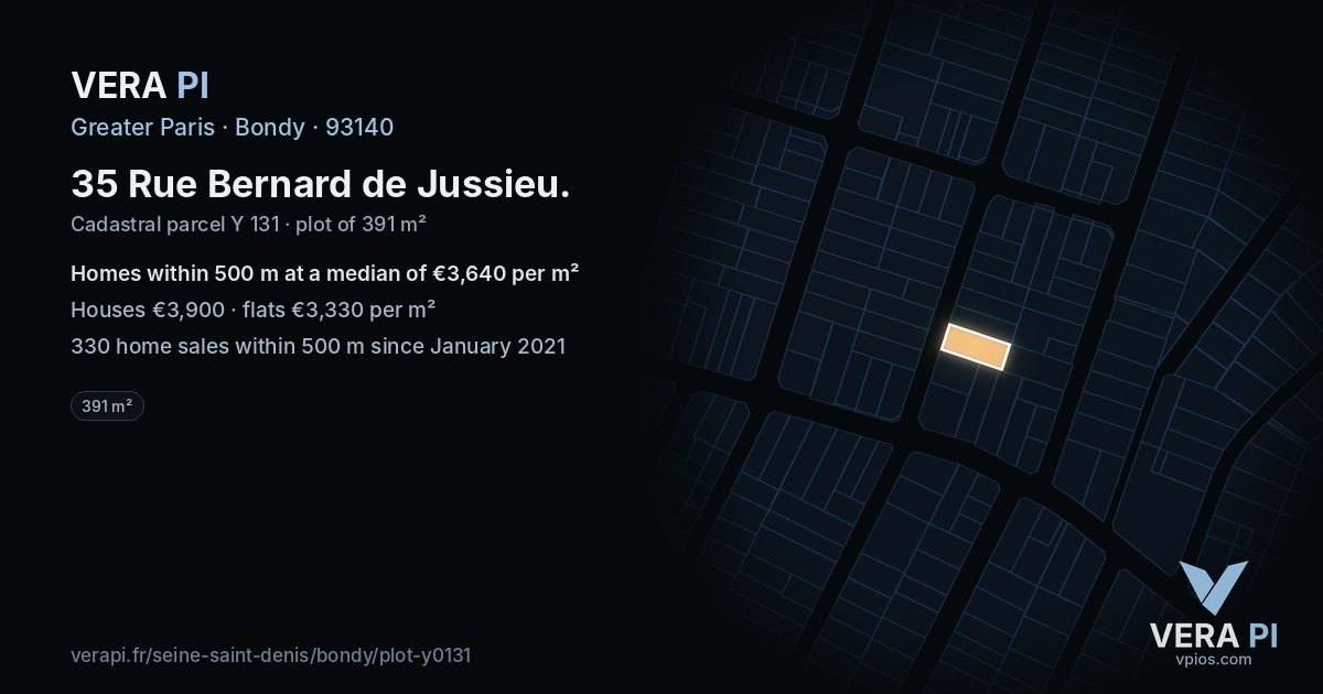 35 Rue Bernard de Jussieu, Bondy at night – the plot lit, the parcels around coloured by the prices near them