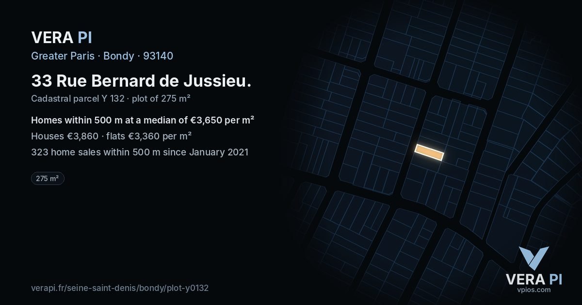 33 Rue Bernard de Jussieu, Bondy at night – the plot lit, the parcels around coloured by the prices near them