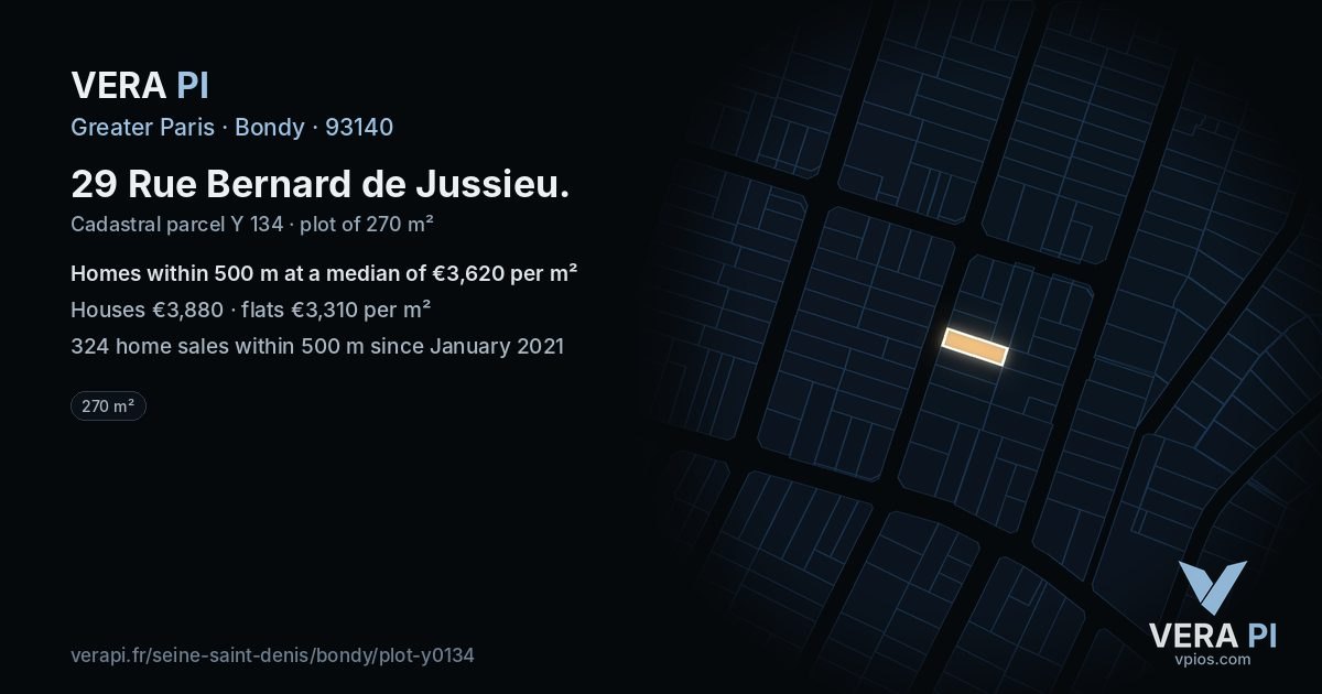 29 Rue Bernard de Jussieu, Bondy at night – the plot lit, the parcels around coloured by the prices near them