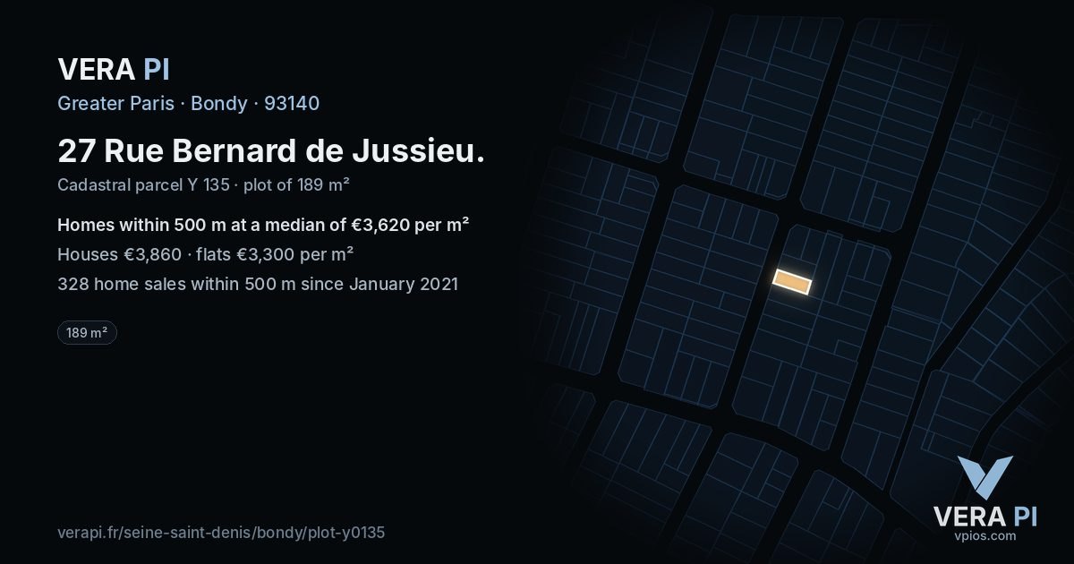 27 Rue Bernard de Jussieu, Bondy at night – the plot lit, the parcels around coloured by the prices near them