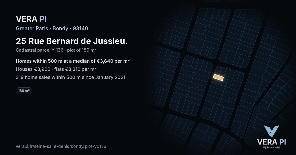 25 Rue Bernard de Jussieu, Bondy at night – the plot lit, the parcels around coloured by the prices near them