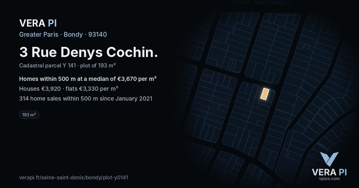 3 Rue Denys Cochin, Bondy at night – the plot lit, the parcels around coloured by the prices near them