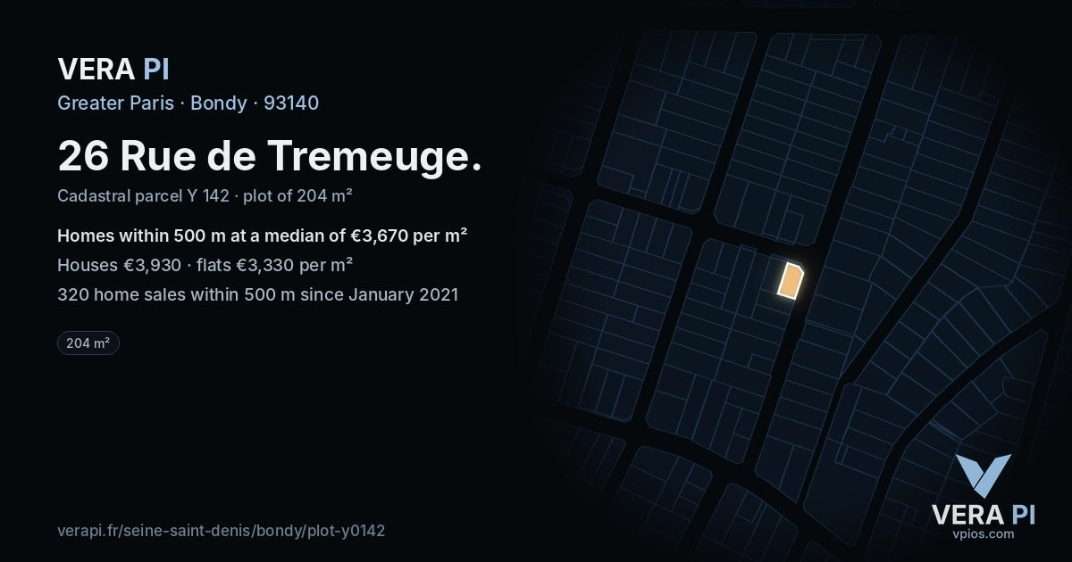 26 Rue de Tremeuge, Bondy at night – the plot lit, the parcels around coloured by the prices near them