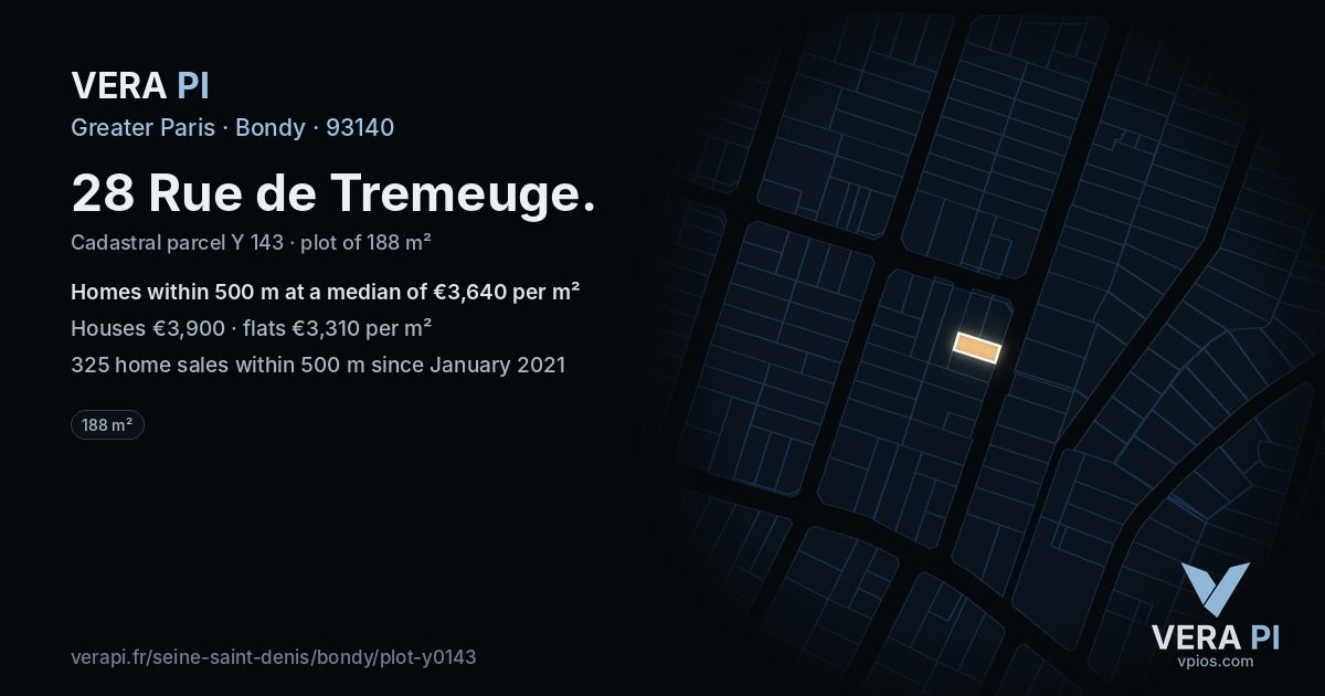 28 Rue de Tremeuge, Bondy at night – the plot lit, the parcels around coloured by the prices near them