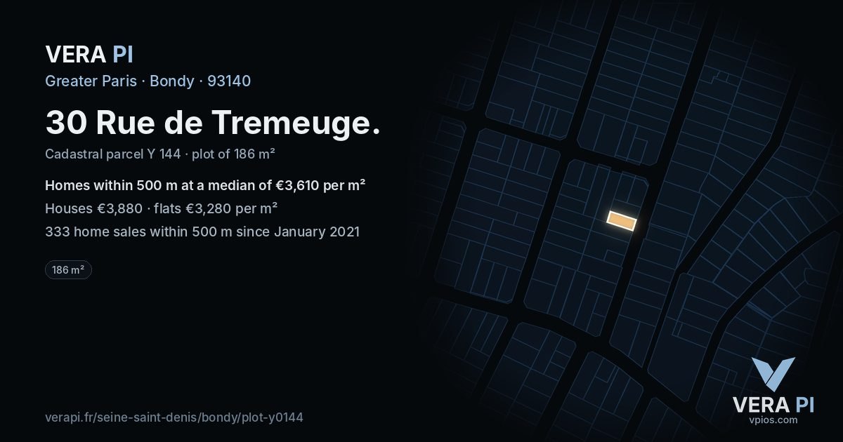30 Rue de Tremeuge, Bondy at night – the plot lit, the parcels around coloured by the prices near them
